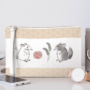 Bolsa de pulso de couro vegano com delicado par de chinchila aquarela