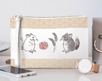 Vegan Leather Wristlet Purse With Delicate Watercolor Chinchilla Pair