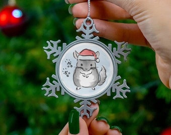 Christmas Watercolor Chinchilla Pewter Snowflake Ornament