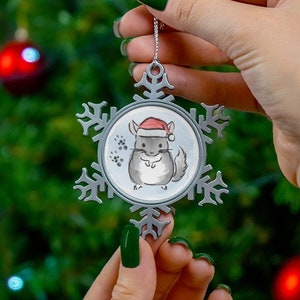 Christmas Watercolor Chinchilla Pewter Snowflake Ornament