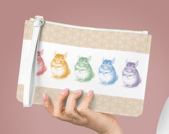Artsy & Fashionable Vegan Leather Wristlet Purse With Colorful Chinchilla Sketch