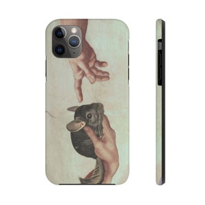 May include: A phone case with a design inspired by Michelangelo's "The Creation of Adam", but with a chinchilla replacing Adam. The image shows two hands reaching out, with the chinchilla in the centre. The background is a light beige colour.
