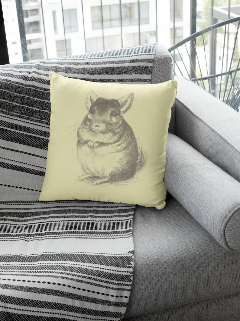 May include: A square throw pillow with a light yellow background features a detailed sketch of a chinchilla in shades of gray. The pillow is placed on a gray sofa with a striped blanket.