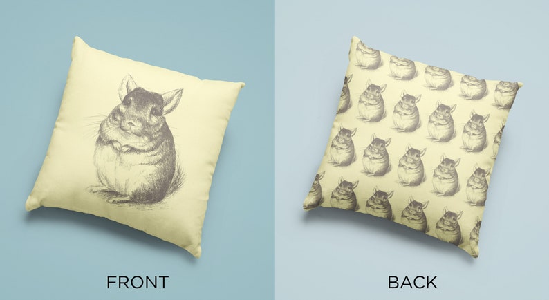 May include: A decorative pillow with a chinchilla illustration. The front of the pillow features a detailed pencil drawing of a chinchilla. The back of the pillow has a repeating pattern of chinchilla drawings. The pillow is a light yellow color.