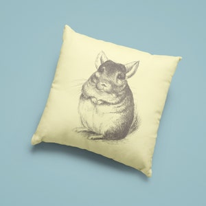 May include: A square, cream-colored pillow featuring a detailed pencil sketch of a chinchilla. The chinchilla is depicted in a seated position, with its paws clasped together. The background is a solid light blue.