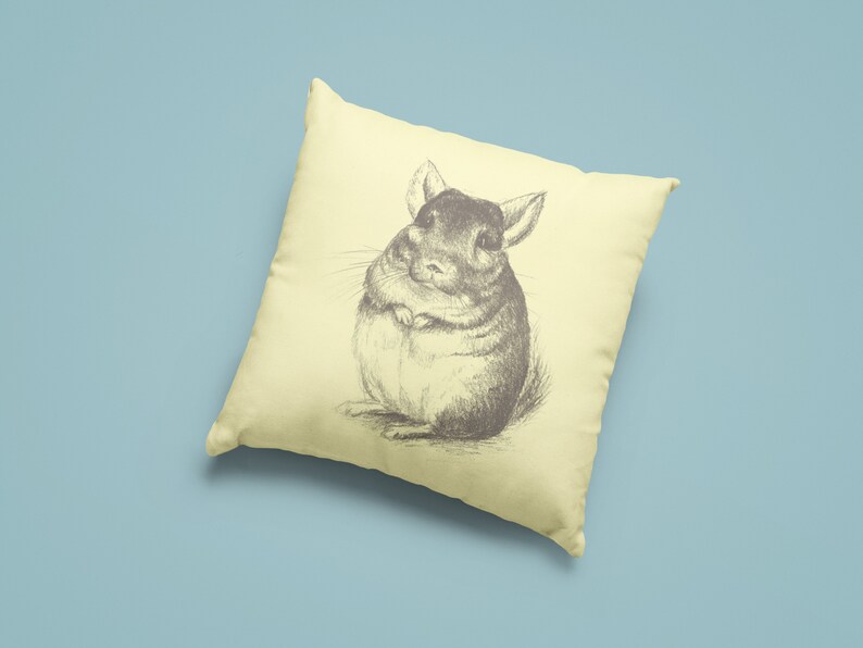 May include: A square, cream-colored pillow featuring a detailed pencil sketch of a chinchilla. The chinchilla is depicted in a seated position, with its paws clasped together. The background is a solid light blue.