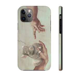 May include: A phone case featuring a parody of Michelangelo's "The Creation of Adam." The artwork depicts a chinchilla being held by a hand, with another hand reaching out. The case has a light beige background and a black border.