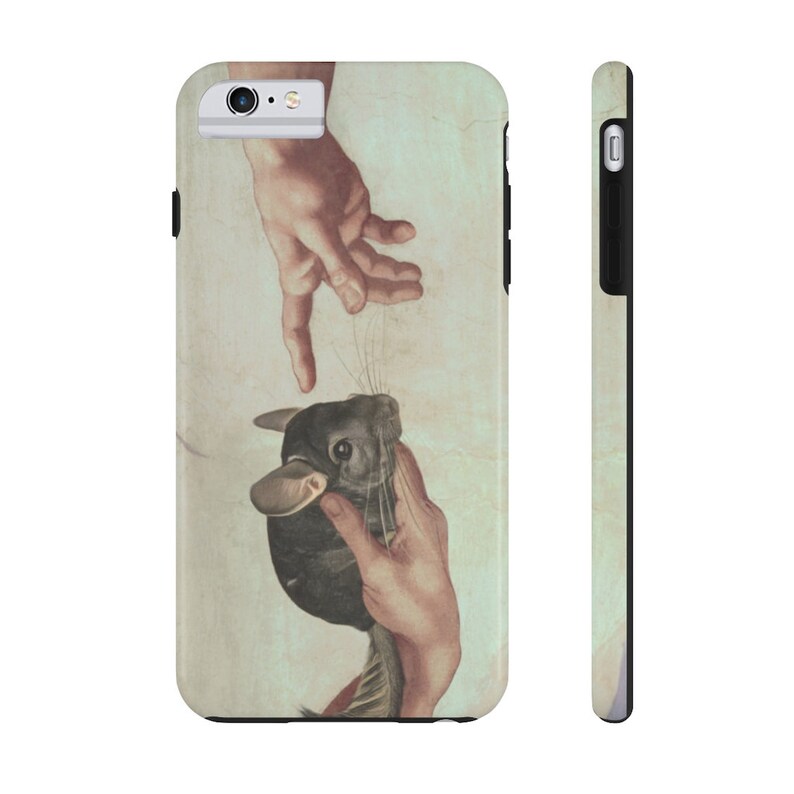 May include: A phone case with a humorous design based on Michelangelo's 'The Creation of Adam'. The image depicts a chinchilla in place of Adam, with two hands reaching out. The case is white with black edging and a side view.