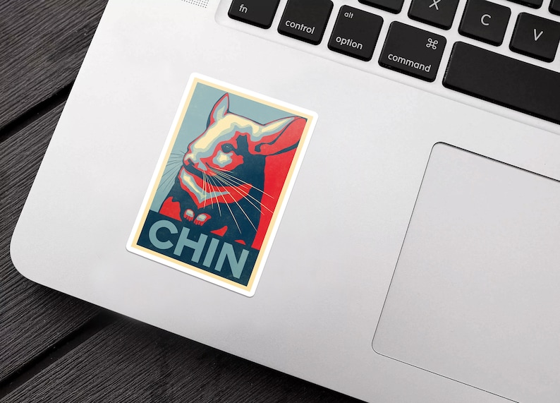 Peut inclure: Une affiche rouge, blanche et bleue avec un chinchilla de dessin anim&eacute;. L'affiche dit "CHIN" en lettres blanches en gras.