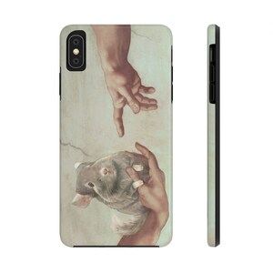 May include: A phone case featuring a chinchilla in a parody of Michelangelo's 'The Creation of Adam'. The design shows two hands reaching towards each other, with a chinchilla in one hand. The case has a black border and a light green side.