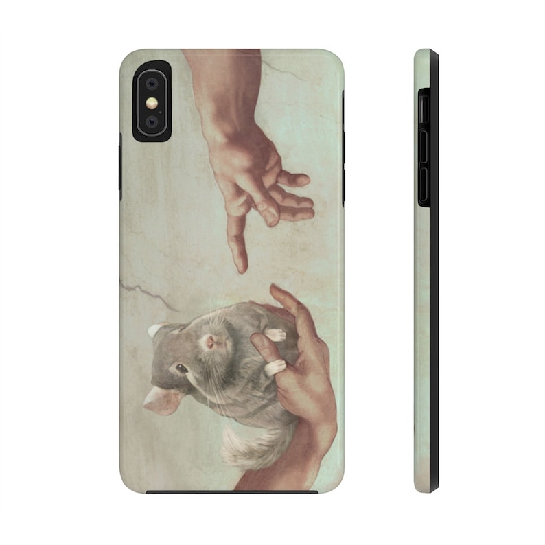 May include: A phone case featuring a chinchilla in a parody of Michelangelo's 'The Creation of Adam'. The design shows two hands reaching towards each other, with a chinchilla in one hand. The case has a black border and a light green side.