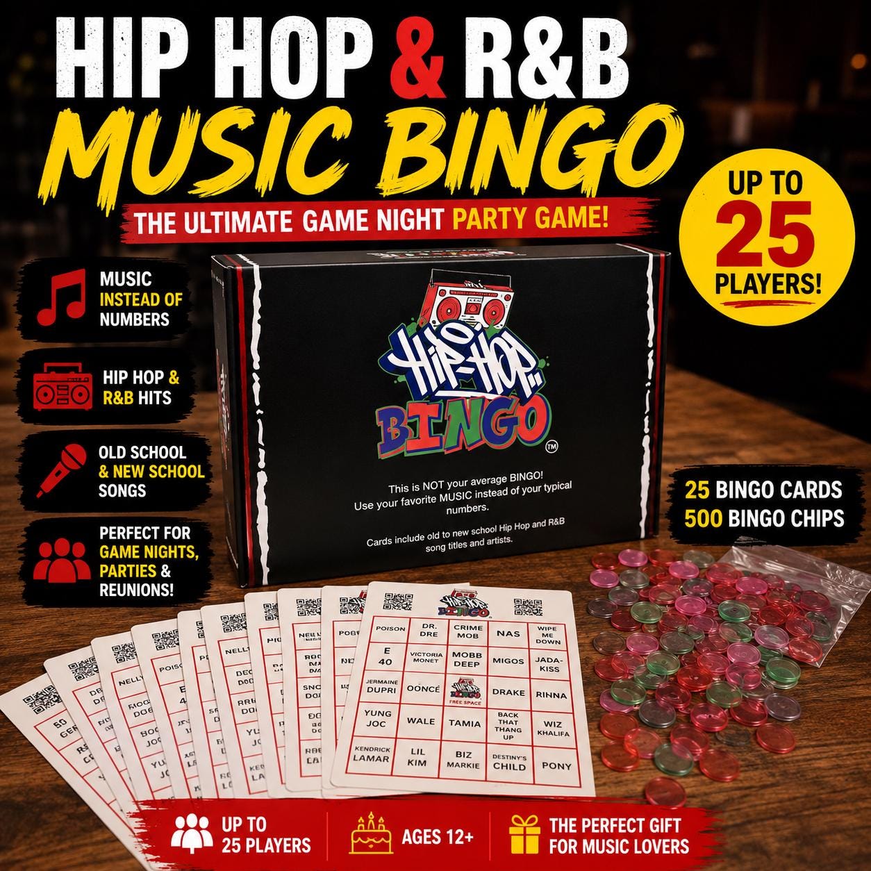 Hip Hop R & B Music Bingo Game, Adults, Family Night (Physical Boxed)