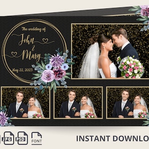 May include: A black and gold wedding photo booth template with a floral design and the text "The wedding of John & Mary May 22, 2023".