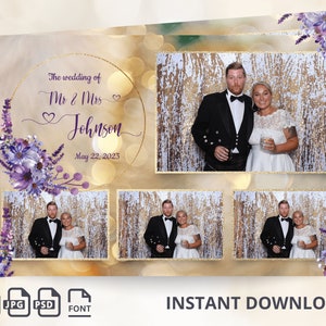 May include: A wedding photo booth template with a gold and purple floral design. The text reads "The wedding of Mr & Mrs Johnson May 22, 2023." The template includes multiple photo frames and the words "INSTANT DOWNLOAD."