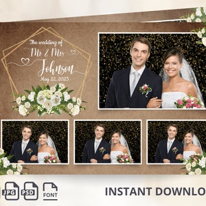 May include: A wedding photo booth template with a brown background and gold glitter. The template has a gold geometric frame with white flowers and the text "The wedding of Mr & Mrs Johnson May 22, 2023". There are three photo slots for guests to take pictures.