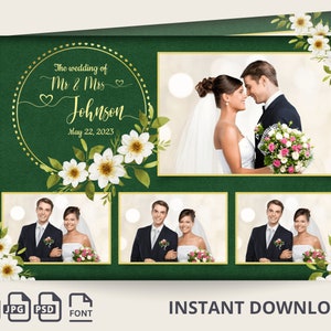 May include: A green photo booth backdrop with a gold circle frame and white flowers. The text "The wedding of Mr & Mrs Johnson May 22, 2023" is in the frame. There are four photo slots with a white background.