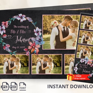 May include: A black chalkboard photo booth backdrop with a floral wreath design. The wreath is pink, purple, and blue with a white background. The text on the backdrop reads "The wedding of Mr & Mrs Johnson May 22, 2023".