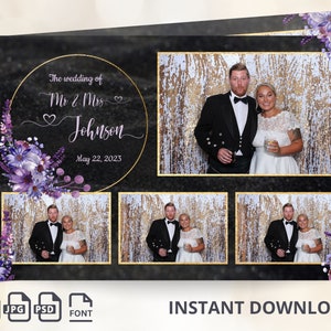 May include: A wedding photo booth template with a black background, gold glitter backdrop, and purple floral accents. The text reads "The wedding of Mr & Mrs Johnson May 22, 2023".