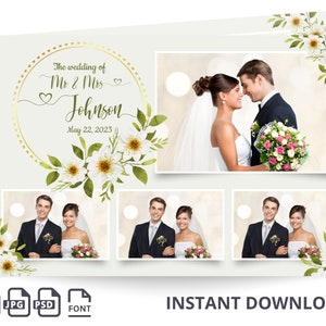 May include: A wedding photo template with multiple photo slots. The design includes floral accents, the text "The wedding of Mr & Mrs Johnson May 22, 2023", and the words "INSTANT DOWNLOAD". The template features images of a bride and groom.