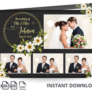 May include: A black and white photo booth template with a gold circle and white flowers. The text reads "The wedding of Mr. & Mrs. Johnson May 22, 2023".
