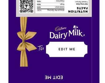 Envoltorio/funda personalizada para Dairy Milk de 110 g. Funda de chocolate personalizada. Envoltorio de chocolate. Regalo de Navidad. Regalos para cualquier ocasión.