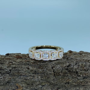 1.00 Carats Lab Grown Diamond 14K Yellow Gold Wedding Band/ 5 stones Halo Lab Grown Diamond Ring/ Half Eternity Ring C120