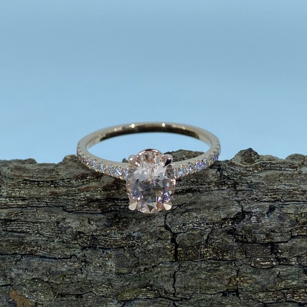 1.37 Carats Morganite Oval cut Engagement Ring/ 14K Rose Gold 0.18 Carats Natural Diamond/ Half Eternity Ring (B02)