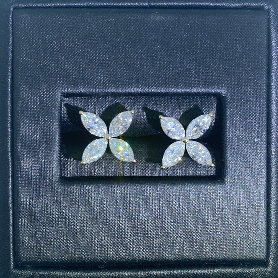 Marquise Cut Lab Grown Diamond Four Leaf Clover 14K Gold Earrings
