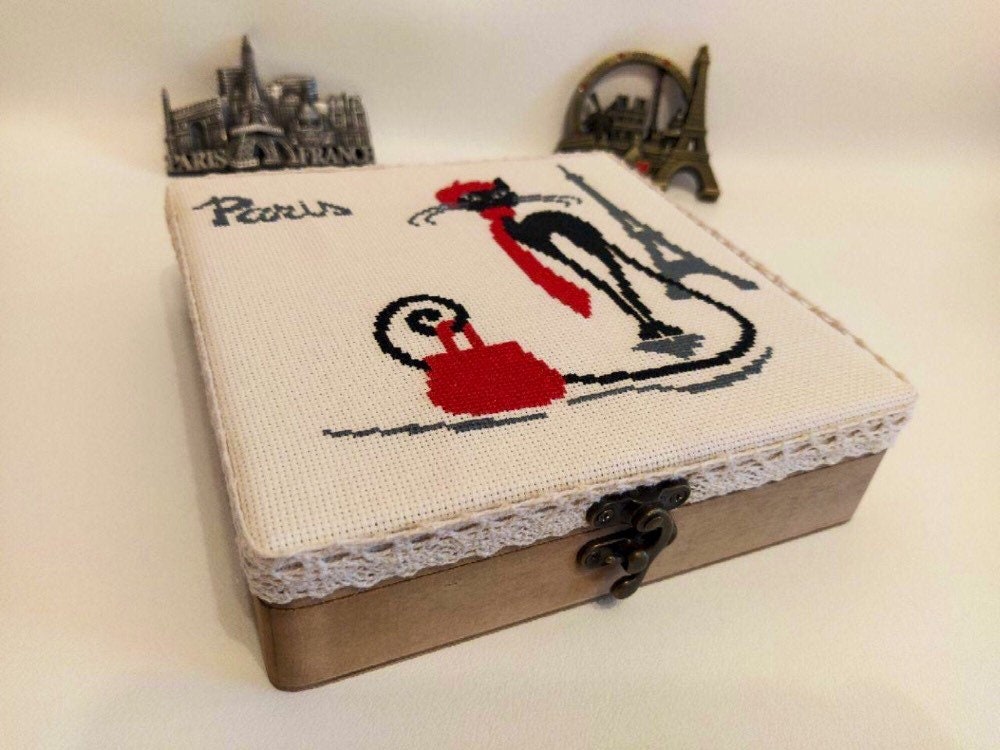 Wooden jewelry box Finished cross stitch Vintage wood box Etsy