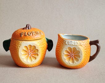 Vintage ceramic orange Florida state sugar and creamer
