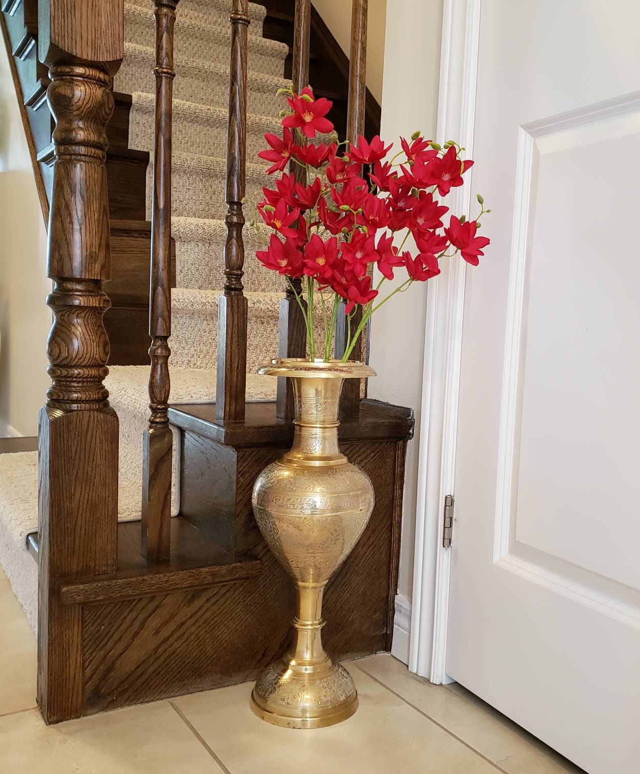 Brass large floor vase hand carved inlay Etsy
