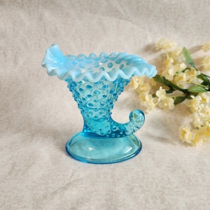 Vintage Fenton blue opalescent hobnail cornucopia, collectable glass