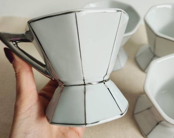 Art deco style espresso cups, set of 4 white and silver cups