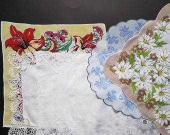 vintage handkerchiefs, hand stitched unisex , embroidery, 1960's