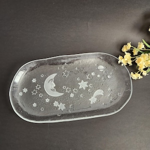 Celestial Clear Glass plate - Frosted glass moon stars and planets
