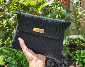 Vintage Jo Ann Black Clutch handbag, square shape with gold details