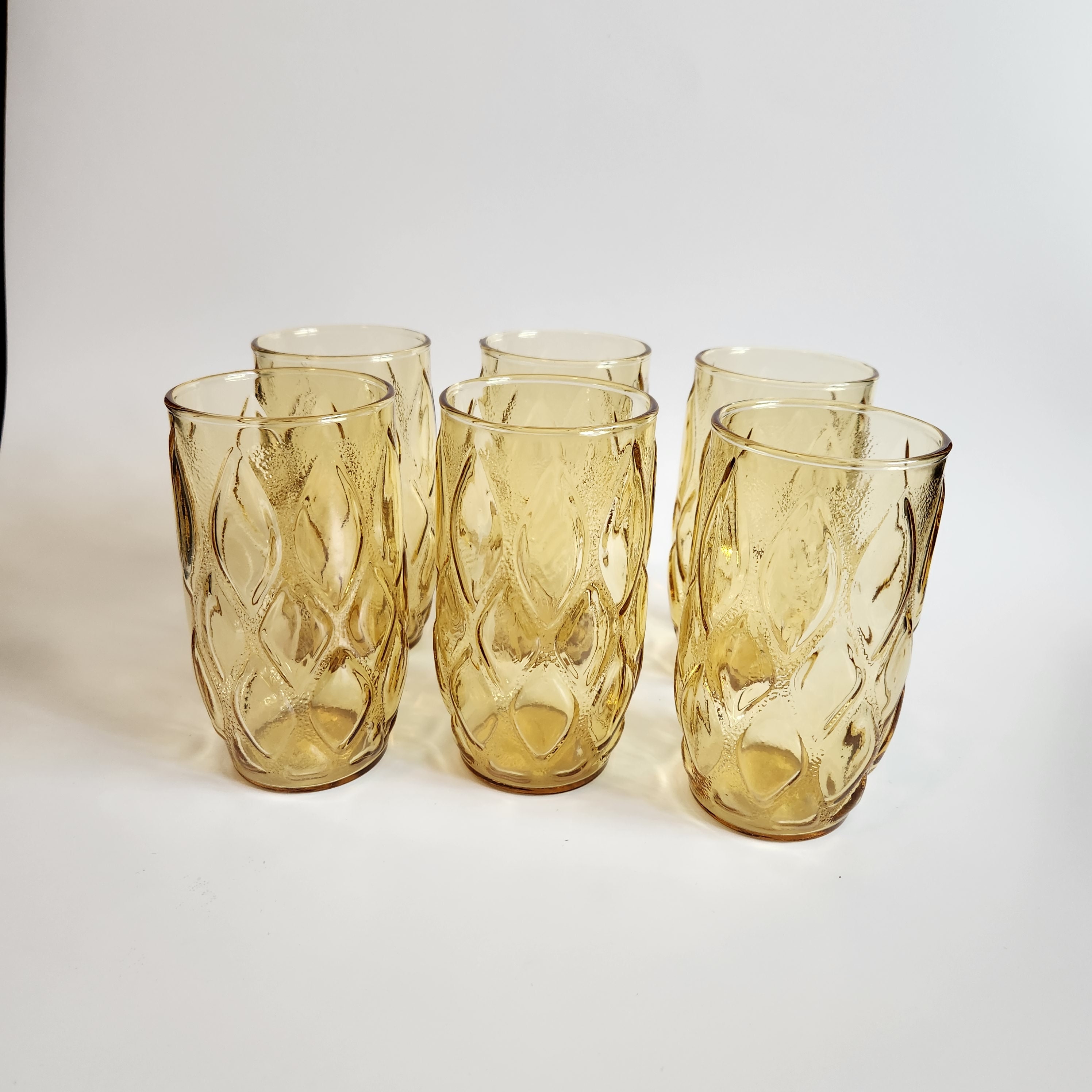 Set of 2 Vintage Drinking Glasses Brown Embossed Leafs MCM Boho Decor Amber