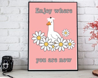 Cute Goose Art Print, Pink Daisy Poster
