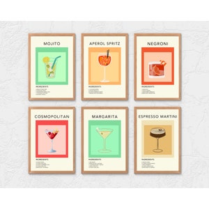 Vintage Style Cocktail Poster Prints, Wall Art, Home Decor, Kitchen Decor, Mixology Decor, Bar Cart Art, Cocktail Wall Art, Gin Bar Art
