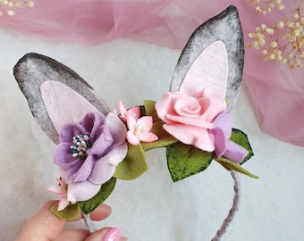 Diadema de orejas de conejo de fieltro, disfraz floral de Pascua
