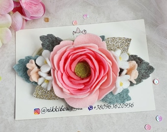 Peonía rosa fieltro flor diadema recién nacida, 1er cumpleaños corona, diadema de bebé de primavera, corona de flores Boho, accesorios para el cabello de niña pequeña