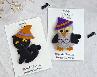 Halloween hair clip, Felt owl clip, Black cat hair clip, Halloween barrette, Halloween headband