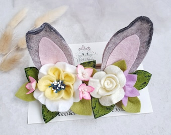 Diadema de fieltro gris con orejas de conejo, diadema floral de Pascua