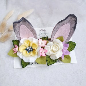 Grey felt bunny ears, Bunny ears headband, Easter headband, Baby flower headband, Newborn headband