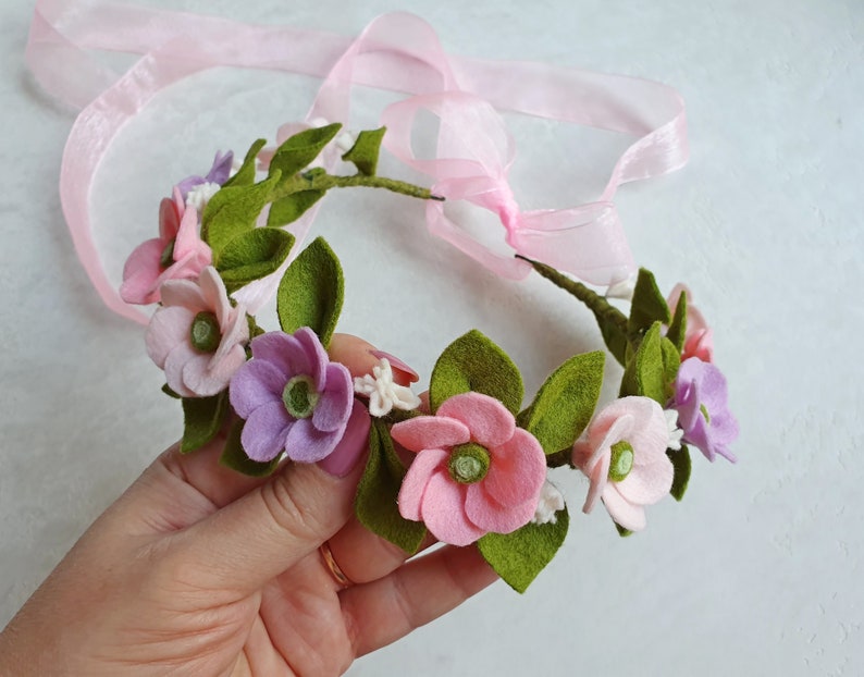 Felt flower crown, Spring floral baby halo, Flower Girl headband, Wedding crown image 4