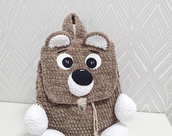 Crochet Bear Kids Backpack, Plush Animal Toddler Bag