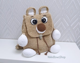 Crochet Bear Kids Backpack, Plush Animal Design