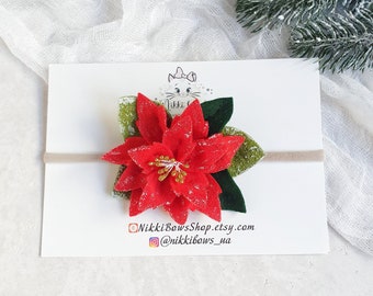 Red Poinsettia Felt Flower Headband, Christmas Floral Crown, Newborn Photo Prop