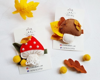 Fall felt hair clips or headbands with mushrooms, Amanita, Felt fly-agaric, Toadstool