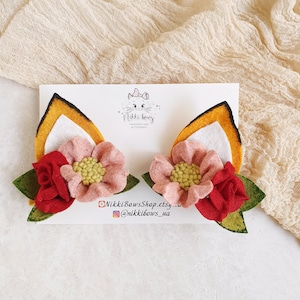 Fox ears felt flowers hair clips, Fox ears barrette, Animal ears headband, Woodland birthday party, Fox costume, Halloween headband